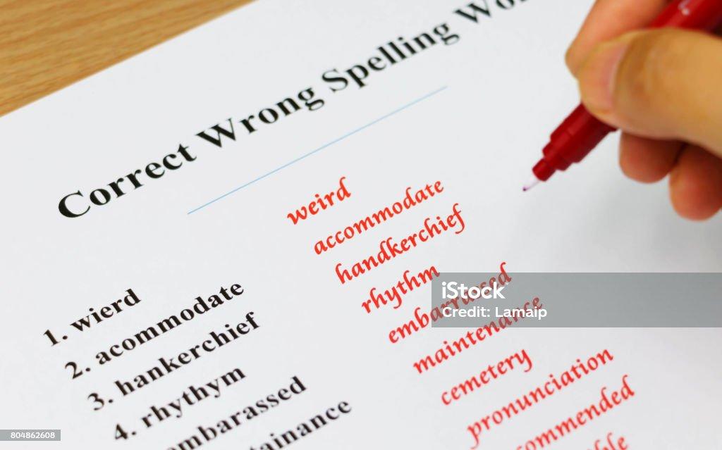 English spelling sheet English spelling sheet on table Proofreading Stock Photo